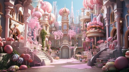 Wonderful fantasy pink castle for fairytale princess. Elegant towers, columns and stairs decorated with giant lollipops, candies and sweets. A fairytale dream castle for all little children. - obrazy, fototapety, plakaty
