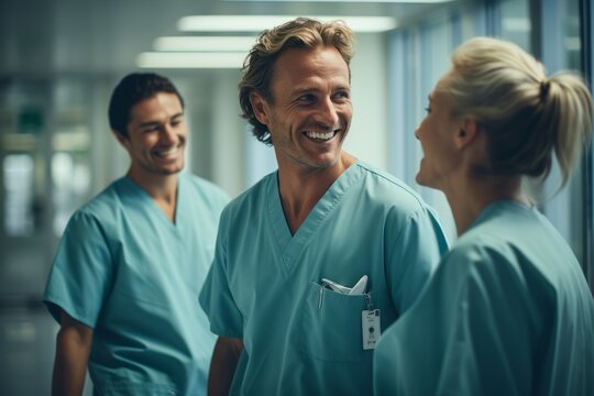 Mature male Caucasian doctor in green medical uniform talking to his colleagues in medical facility. A team of experienced clinicians discusses the patient's examination results and treatment options.
