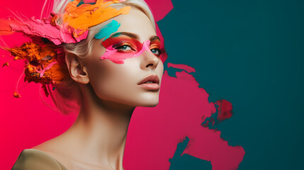 Colorful banner with beautiful woman face with artistic makeup and paint splashes. Beauty fashion cosmetics interior decor concept - Powered by Adobe