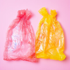 Fototapeta premium two plastic garbage bags pink and yellow on a pink background