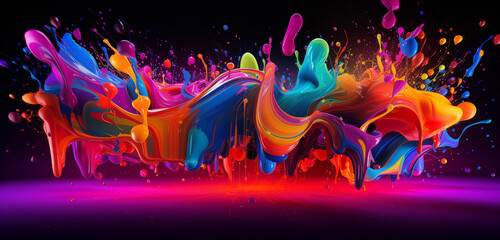 Naklejka premium Vibrant neon light graffiti with abstract, multicolored splashes on a splashy 3D surface