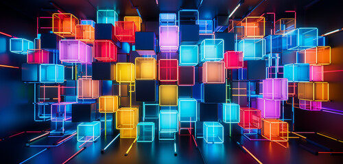 Vibrant neon light graffiti with abstract, multicolored squares on a cubic 3D surface