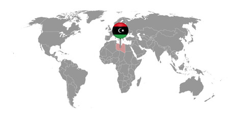 Pin map with Libya flag on world map. Vector illustration.