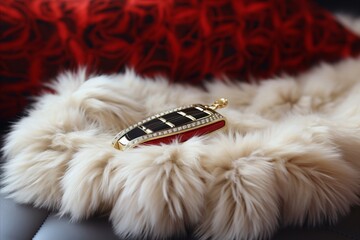 modern fashionable luxury car keys lie on a luxurious fur pillow on a red background