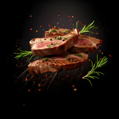 Professional cinematic shot of beef floating in the air