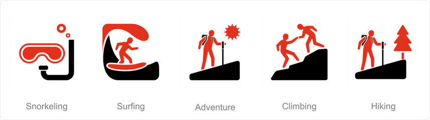 A set of 5 Adventure icons as snorkeling, surfing, adventure - obrazy, fototapety, plakaty