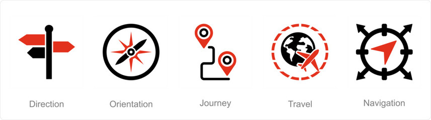 A set of 5 Adventure icons as direction, orientation, journey