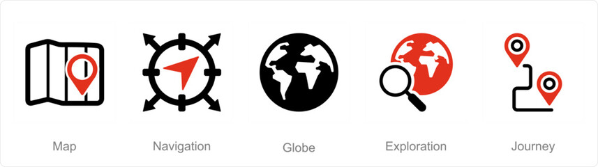 A set of 5 Adventure icons as map, navigation, globe