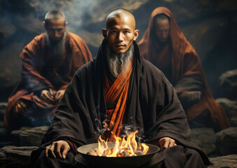 Ascetic Buddhist monks sitting in the lotus position in a dimly lit cave surrounded by a burning flame. The atmosphere of mysticism and liberation