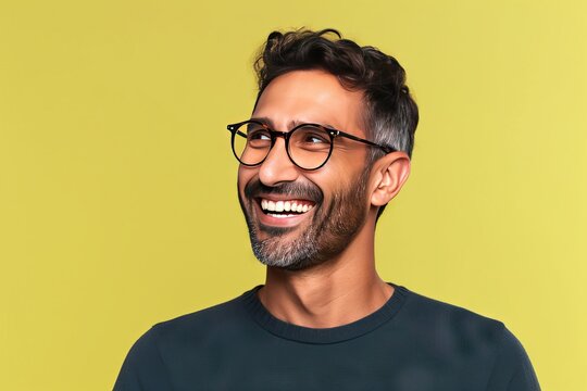confident Laughing expression natural face smile side away looking background isolated glasses wearing man hispanic Adult young boy indian male portrait excited yes success happy joy fashion cool