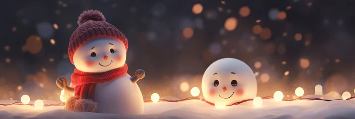 Fotobehang Christmas snowman's with red hat on head. Snowman in snow with white snowflakes on night background. Realistic cartoon style. Winter Christmas background, new year 2024 banner © IlluGrapix