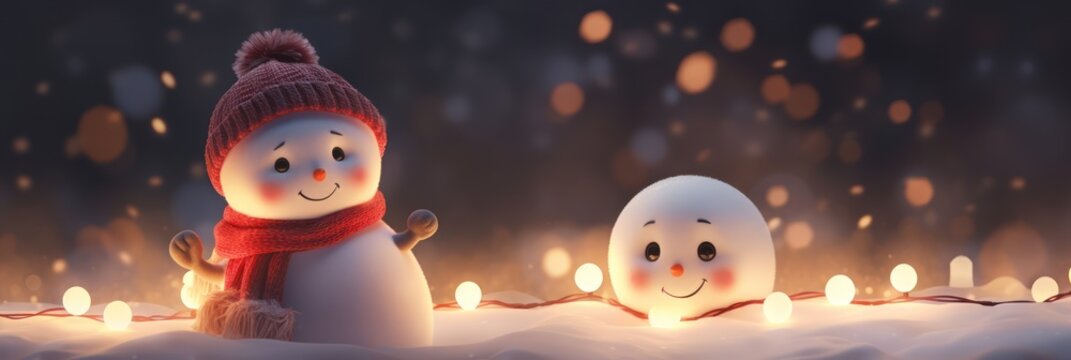 Christmas snowman's with red hat on head. Snowman in snow with white snowflakes on night background. Realistic cartoon style. Winter Christmas background, new year 2024 banner