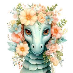 Cute Seahorse And Flowers Watercolor Clipart Illustration
