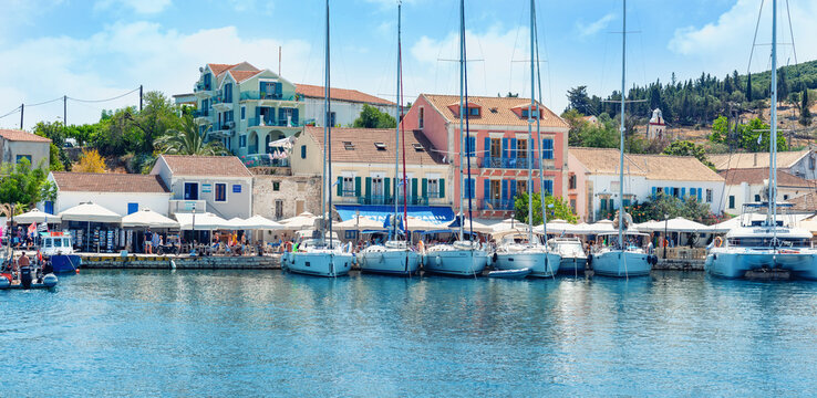 Fiskardo Kefalonia, Greece. Beautiful old town viewed from the sea