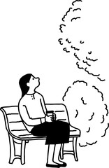 ベンチに座って上を見上げる女性のベクターイラスト