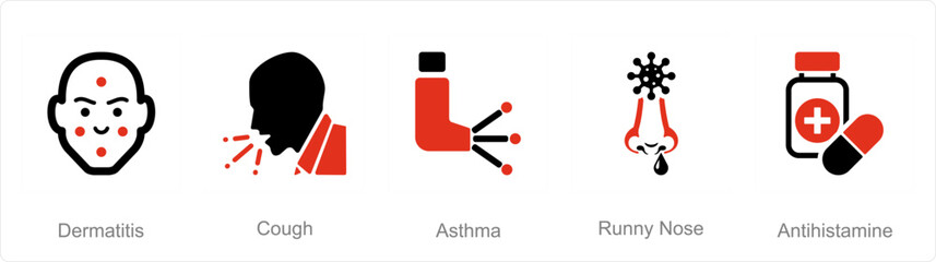 A set of 5 Allergy icons as dermatitis, cough, asthma