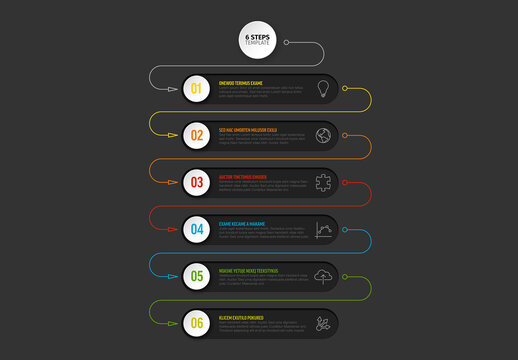Dark Six progress steps template with descriptions, icons and arrows
