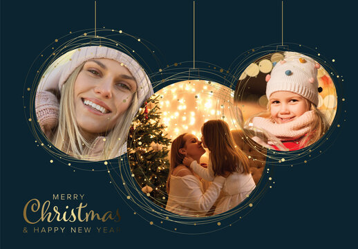Simple winter family photo card layout template on dark blue background with thre golden circle Christmas decorations