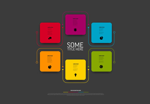 Colorful infographic template with six rounded squares color block cards on dark background