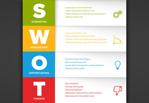 Color SWOT diagram schema template for your analysis with four row blocks