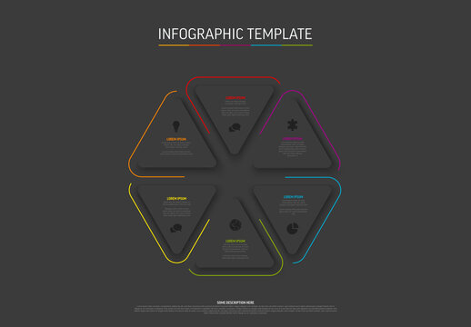 Six triangle elements infographic with icons and descriptions in hexagon shape on dark background