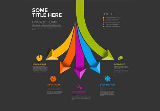 Infographics dark template with various diversity options and big arrows
