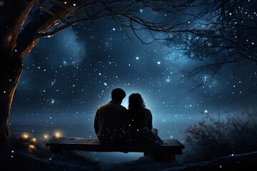 Dreamy image of a couple stargazing on a tranquil night, celestial love and the magic of the universe