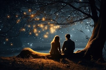 Dreamy image of a couple stargazing on a tranquil night, celestial love and the magic of the universe