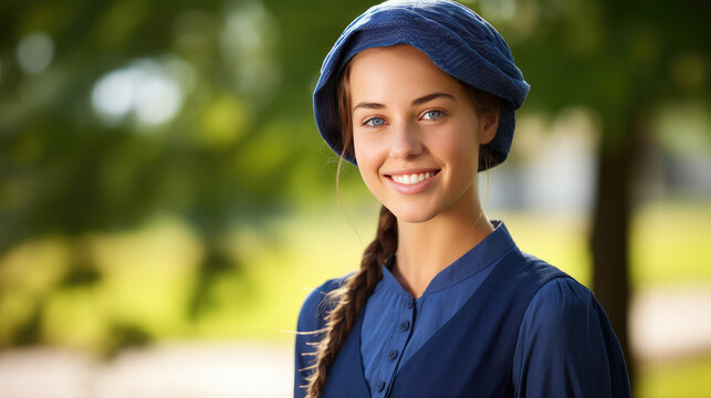 Beautiful young Amish women in traditional dress of community and hat headscarf. Portrait of pretty Amish lady.