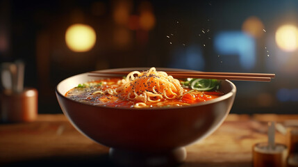 Delicious japanese dish of ramen noodles with a traditional recipe  - obrazy, fototapety, plakaty
