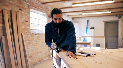 Woodworker planing wood in his workshop
