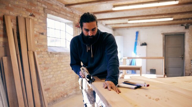 Woodworker planing wood in his workshop