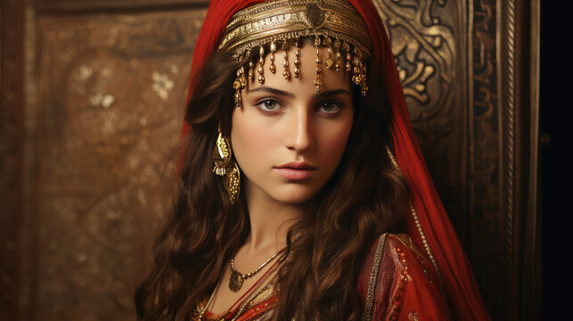 Portrait of rich Sephardi or Mizrahi woman. Pretty young Spanish Jew lady, Sephardic person in national vintage clothes. 