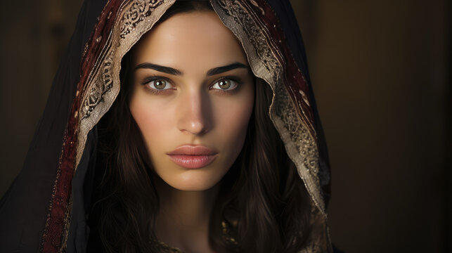 Portrait of Sephardi or Mizrahi woman. Pretty young Spanish Jew lady, Sephardic person in national vintage clothes. 