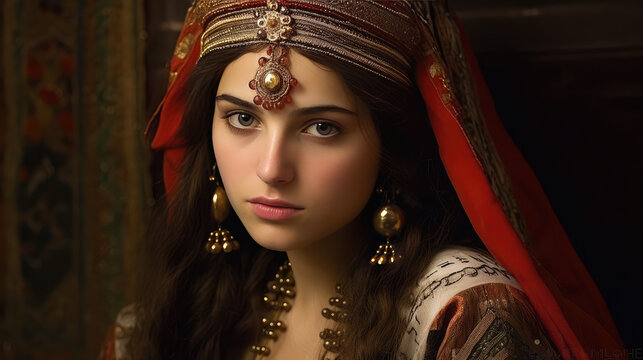 Portrait of Sephardi or Mizrahi woman. Pretty young Spanish Jew lady in national clothes, Sephardic person in national vintage clothes. 