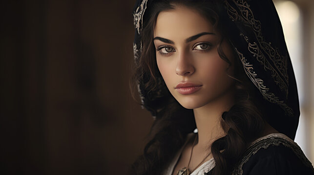 Portrait of Sephardi or Mizrahi woman looking into a camera. Pretty young Spanish Jew lady, Sephardic person in national vintage clothes. 