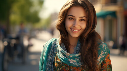 Uzbekistan woman. Portrait of a beautiful young modern smiling Uzbek girl in modern clothes on a city street. - obrazy, fototapety, plakaty