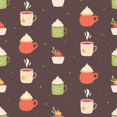 Hot drinks and cupcakes seamless pattern. Autumn seamless pattern. Vector illustration in flat style