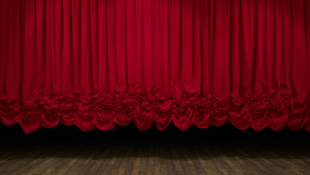 The rich, red satin Austrian curtain moves smoothly, framing the theater stage in dramatic light and shadow.