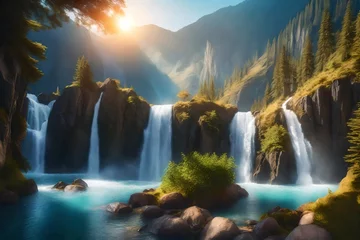 Wandcirkels aluminium Photo majestic magical fantasy landscape with mountains river waterfall sun rays 3d © Waqas