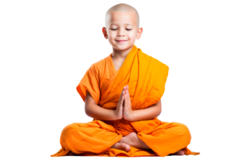 young monk child buddhist is sitting in meditation, isolated on transparent background