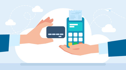 POS Terminal, debit credit card. Sales printed receipt. Сash register display. Terminal for cashier employee in store. Modern device using electronic payment by card with check. Business illustration