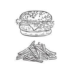 A line drawn illustration of a burger and fries. Two individual eps files in black and white. Hand drawn and converted into a vector. American fast food. 