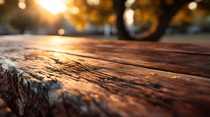 wooden table bridge in the sunset and trees in park, Empty wooden table with autumn background, Aged wooden table with rough and weathered texture on blurred vineyard background, Empty wooden table in