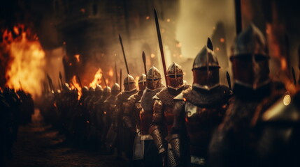 Medieval battle of knights warriors for castle. Fierce battle on battlefield, knights with swords are fighting the enemy. Decisive battle - obrazy, fototapety, plakaty