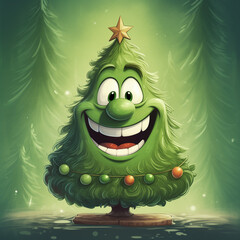 christmas tree cartoon, happy, jolly, pine, golden star