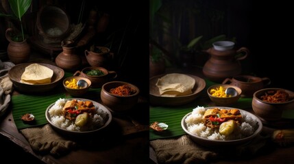 meals in a dark mode light room, differents meals together