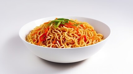 yummy noodles in a white bowl on isolated background