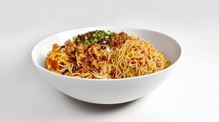 yummy noodles in a white bowl on isolated background