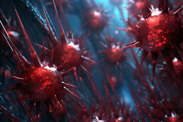 Multiplying viruses, Virus spikes detaching. Red virus. - obrazy, fototapety, plakaty